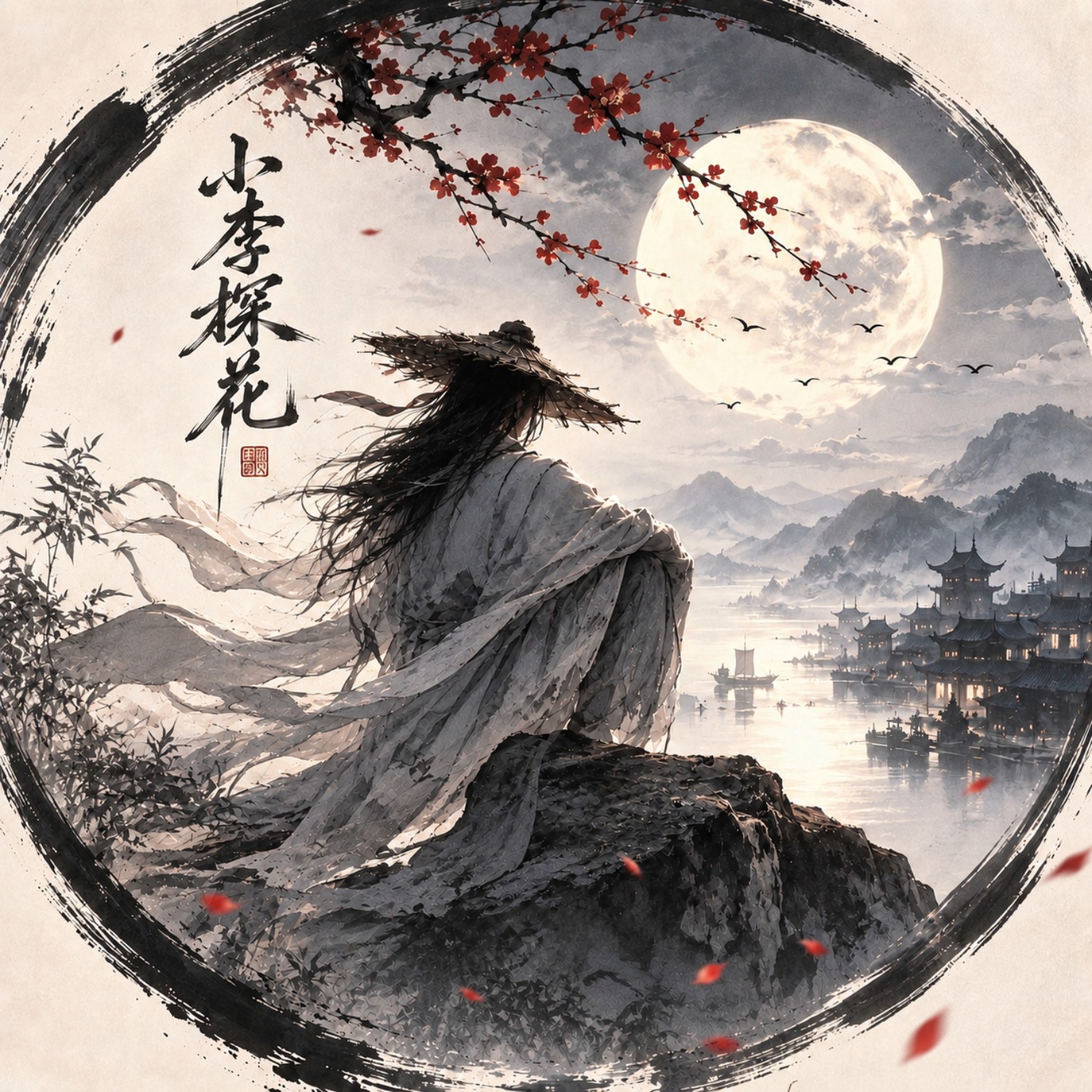 小李探花统一头像：月色下的白衣背影与山水城市画面。